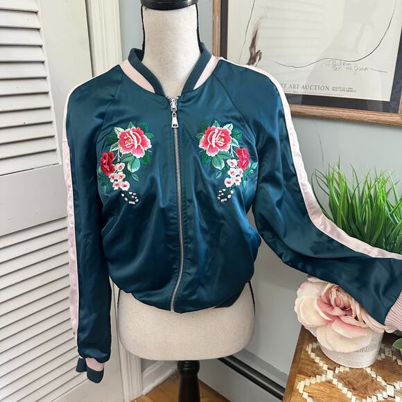 BEBE Womens Jacket Small Green Satin Bomber Reversible Embroidered Full Zip - Picture 1 of 16